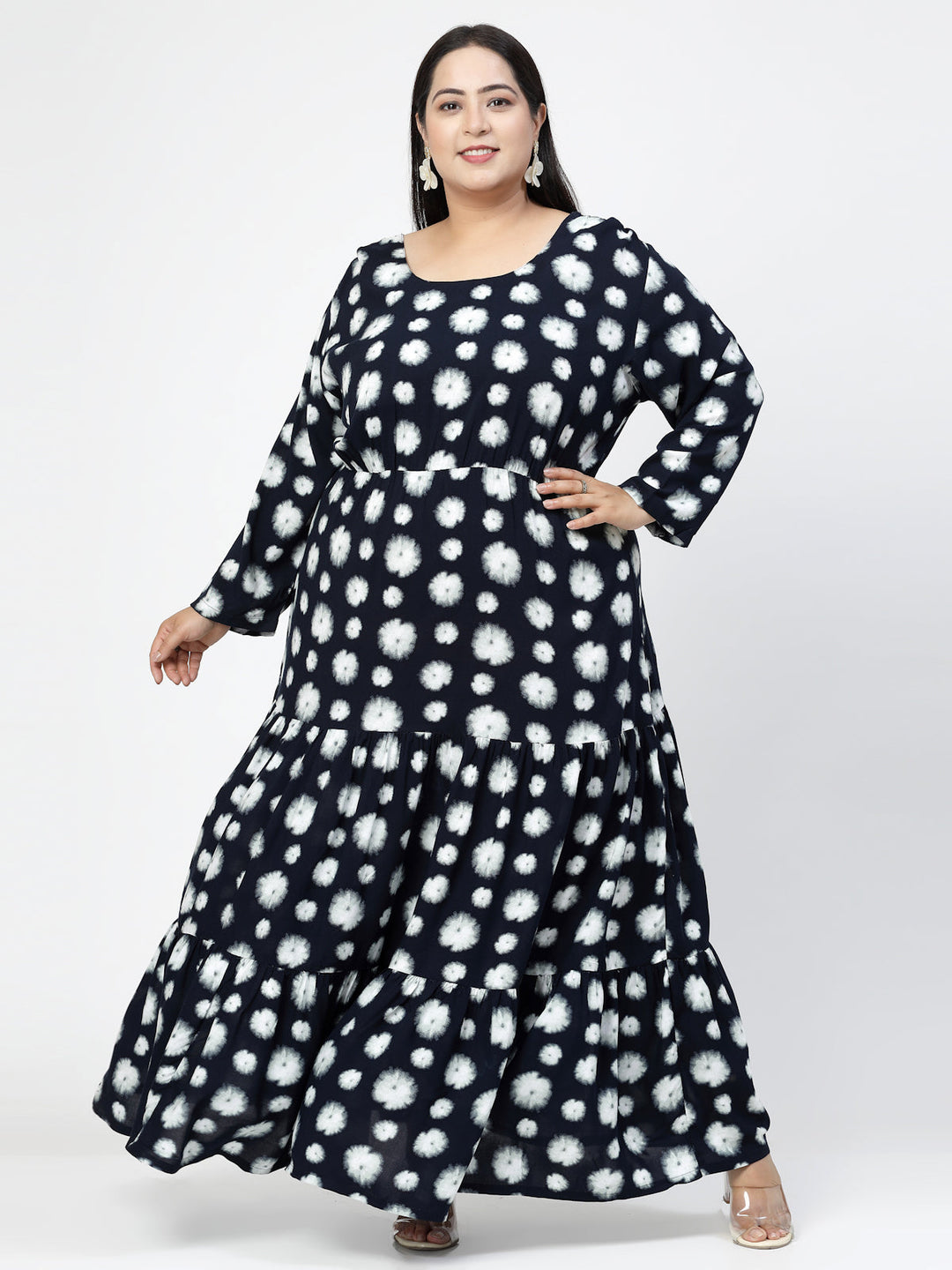 Plus Size  Navy Blue Geometric Print Maxi Dress