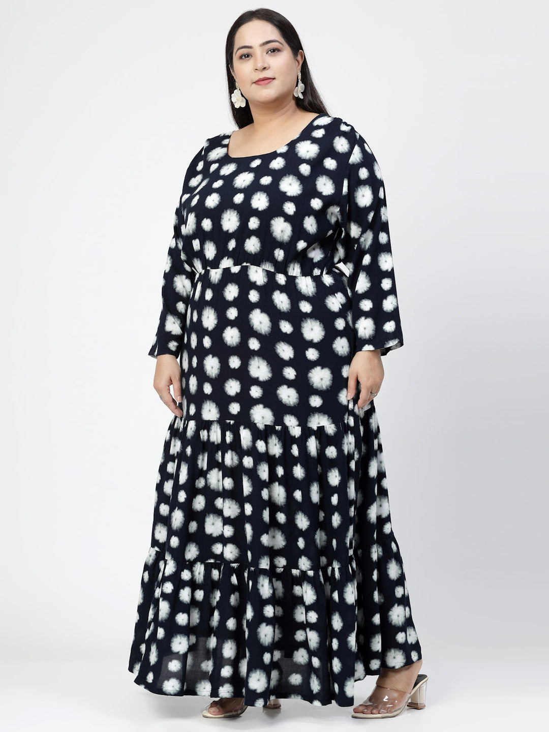 Plus Size  Navy Blue Geometric Print Maxi Dress