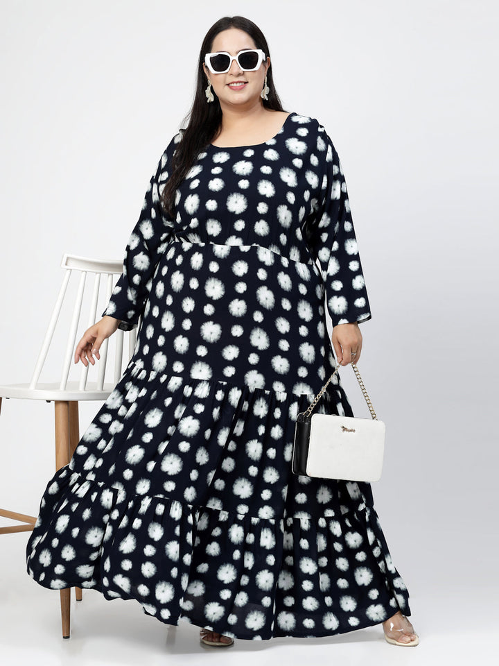 Plus Size  Navy Blue Geometric Print Maxi Dress