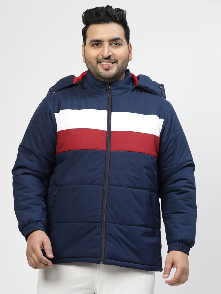 Plus Size Men Navy Blue & White Striped Detail Padded Jacket