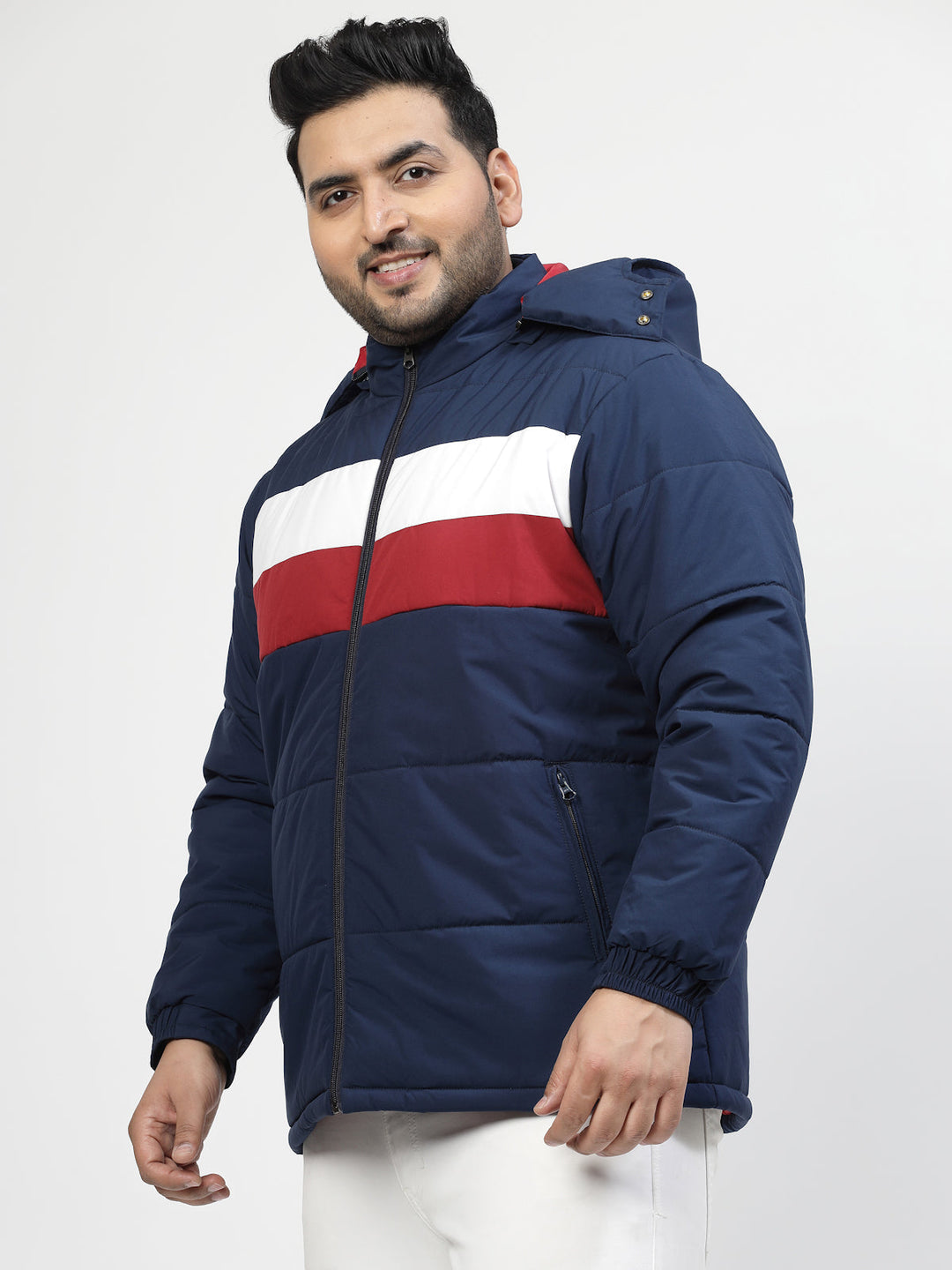 Plus Size Men Navy Blue & White Striped Detail Padded Jacket