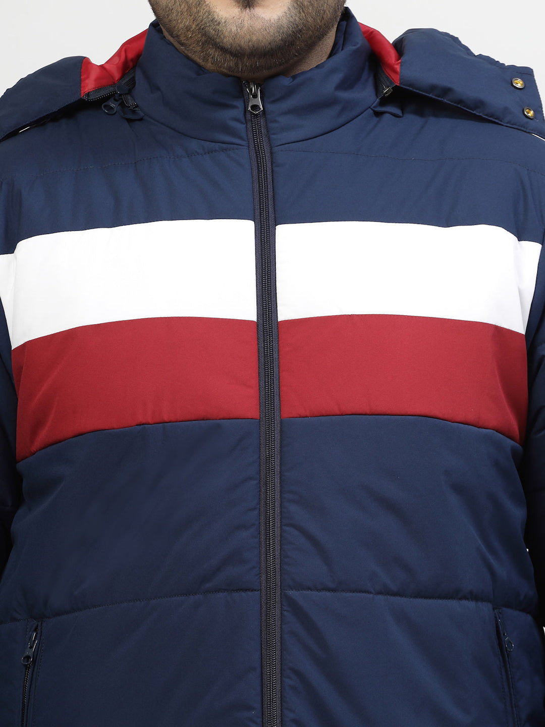 Plus Size Men Navy Blue & White Striped Detail Padded Jacket