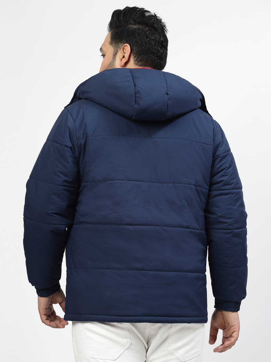 Plus Size Men Navy Blue & White Striped Detail Padded Jacket