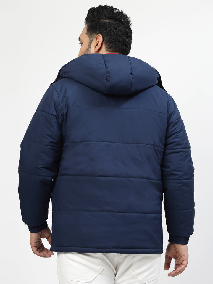Plus Size Men Navy Blue & White Striped Detail Padded Jacket