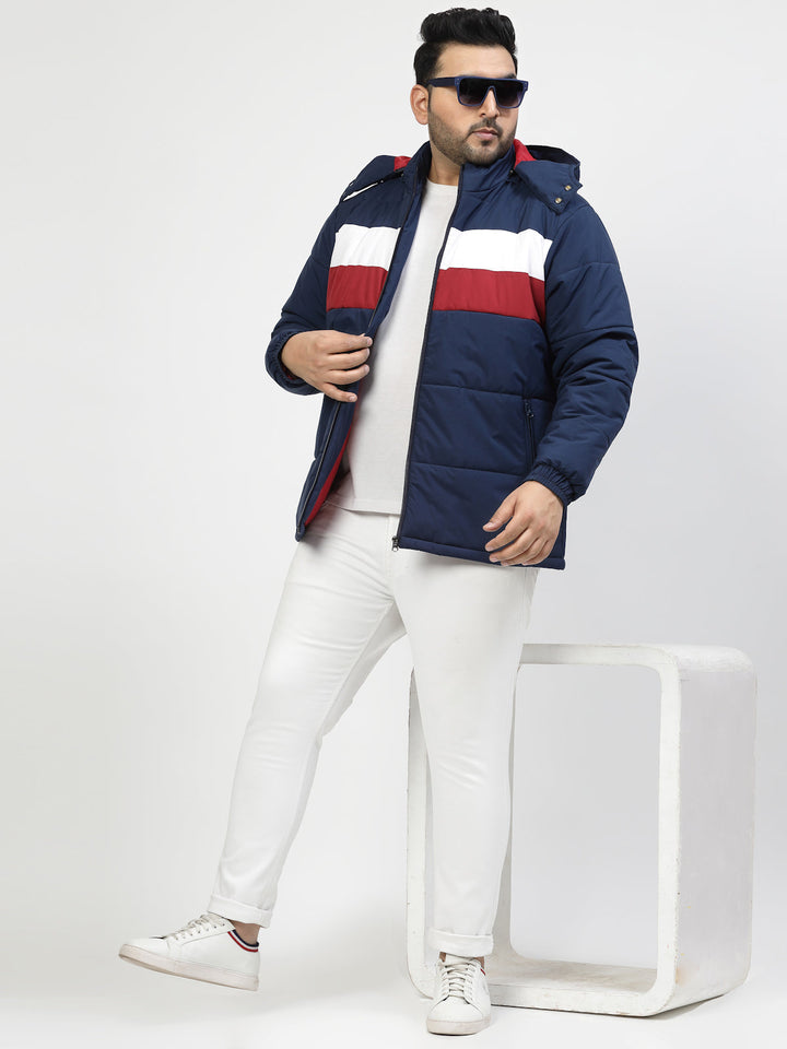Plus Size Men Navy Blue & White Striped Detail Padded Jacket