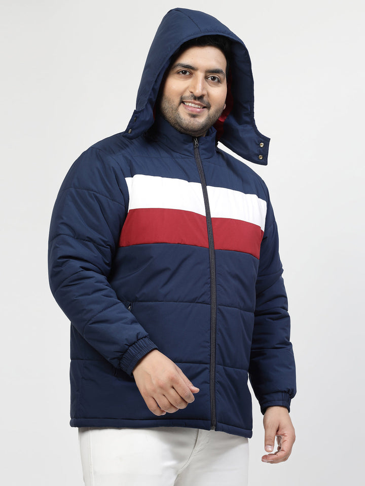 Plus Size Men Navy Blue & White Striped Detail Padded Jacket