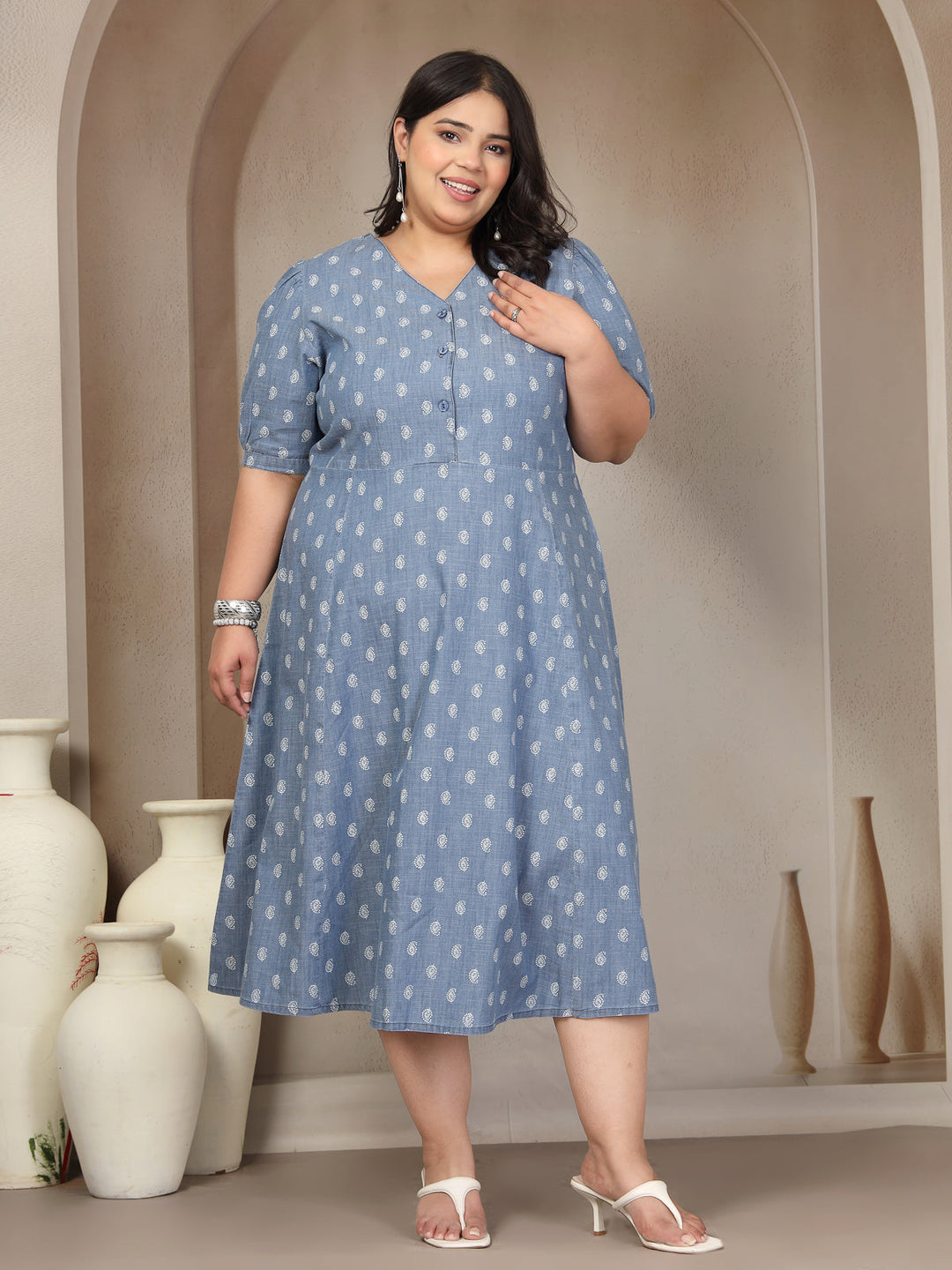 Plus Size V Neck Pure Cotton Tiered Dress