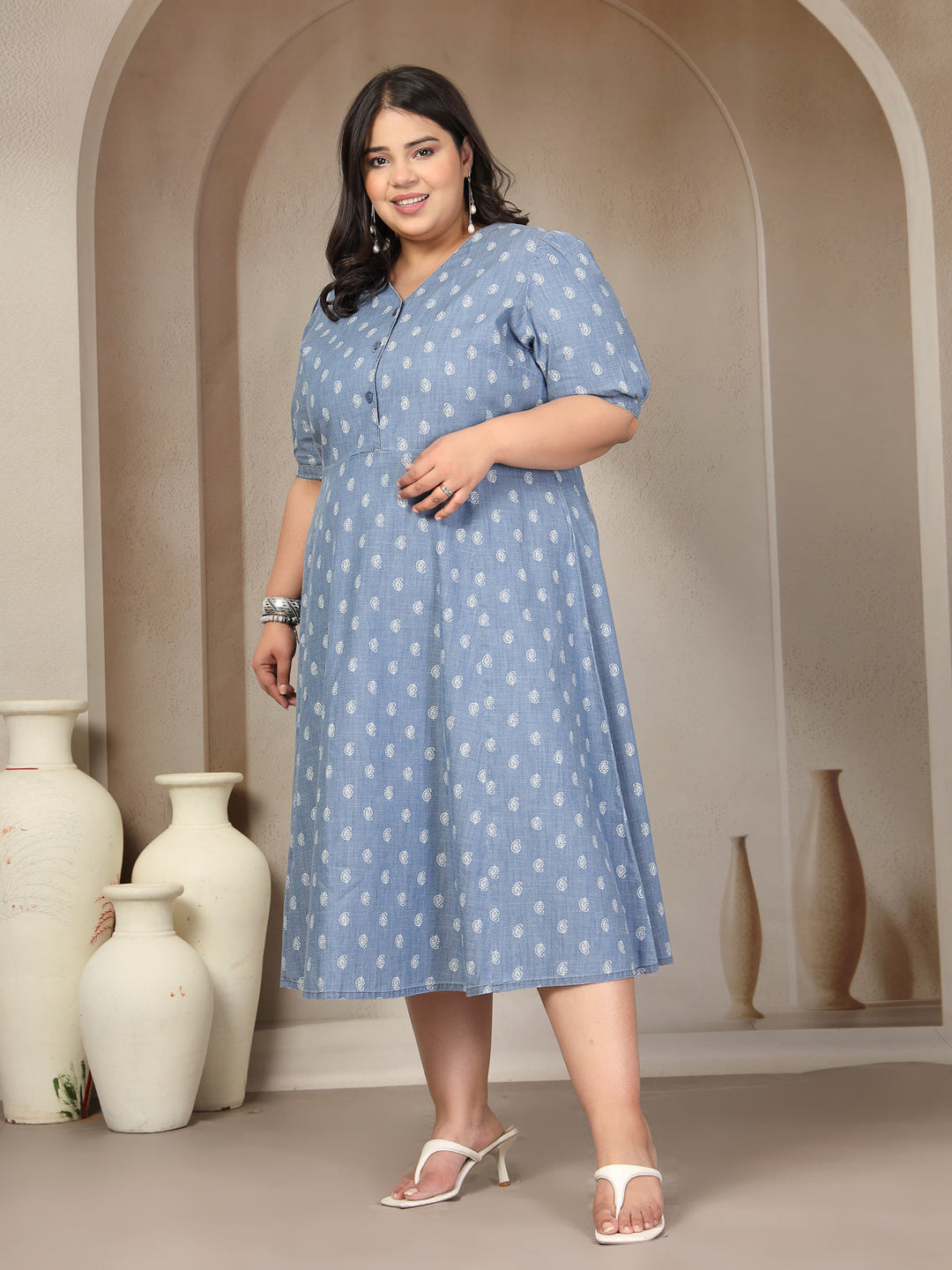 Plus Size V Neck Pure Cotton Tiered Dress
