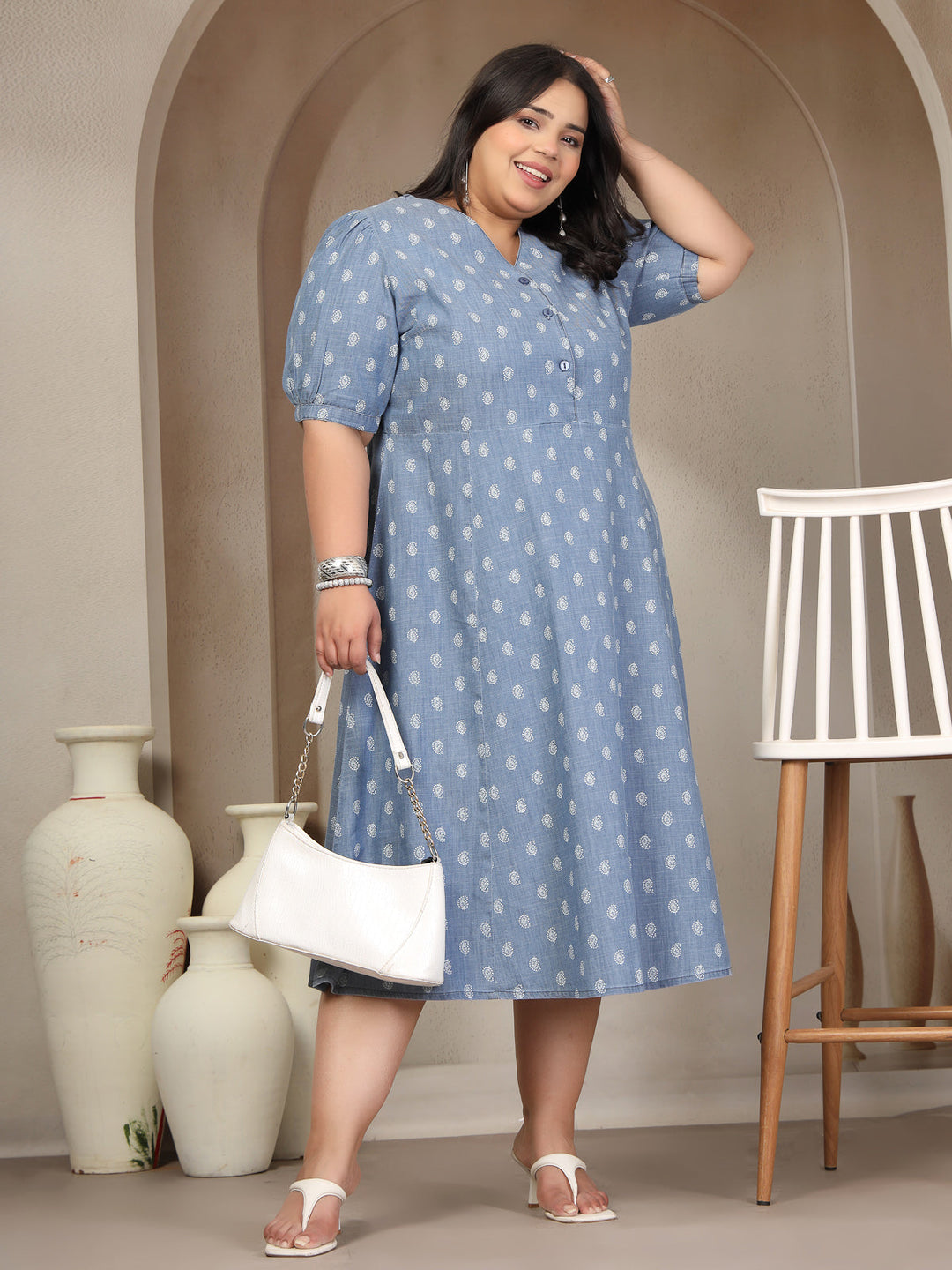 Plus Size V Neck Pure Cotton Tiered Dress