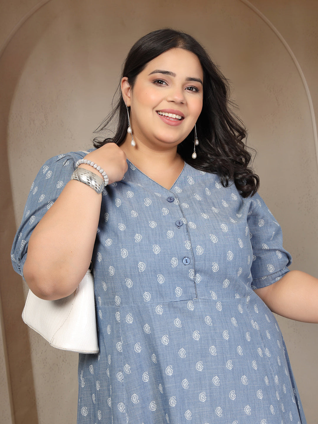 Plus Size V Neck Pure Cotton Tiered Dress