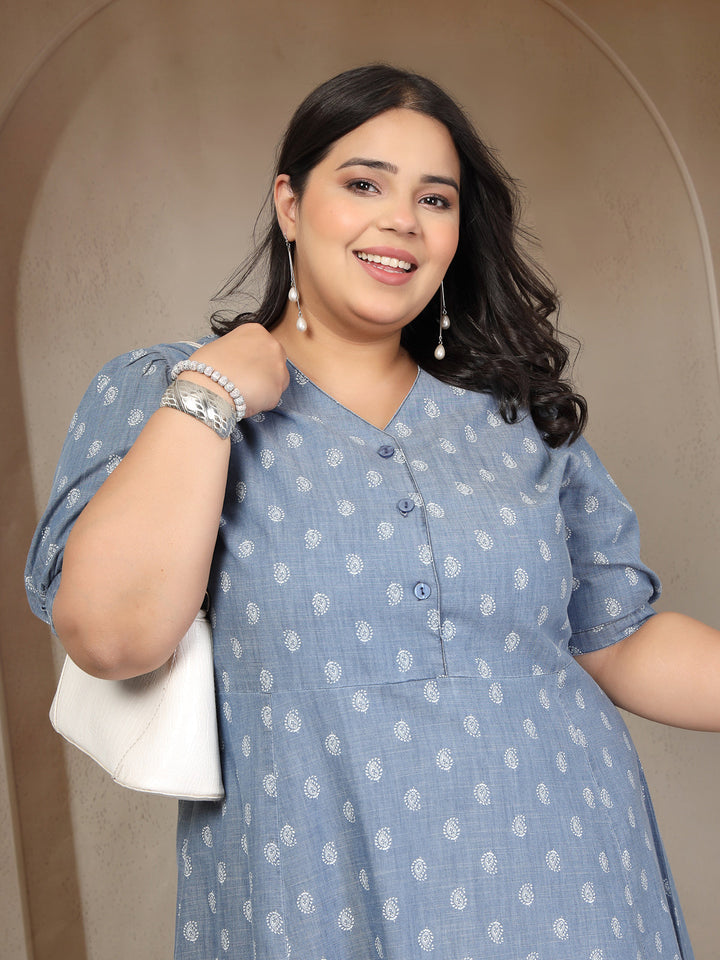 Plus Size V Neck Pure Cotton Tiered Dress
