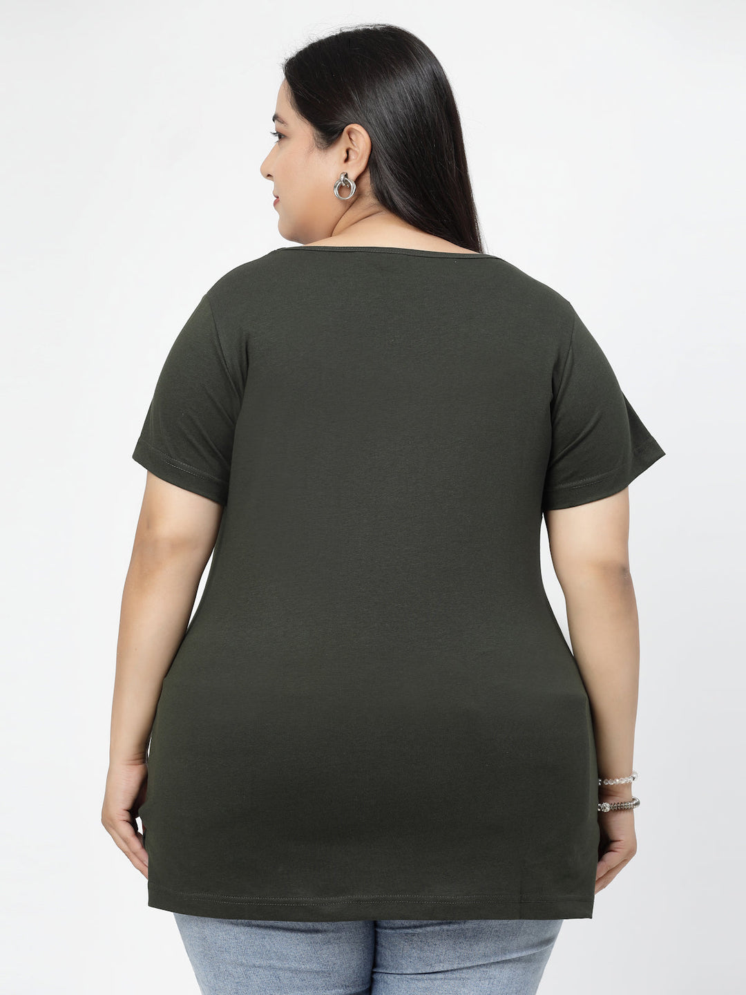 Plus Size Olive Round Neck Regular Fit Cotton Casual T-shirt