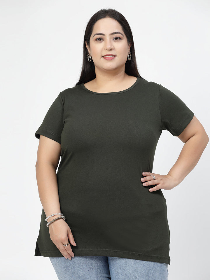 Plus Size Olive Round Neck Regular Fit Cotton Casual T-shirt