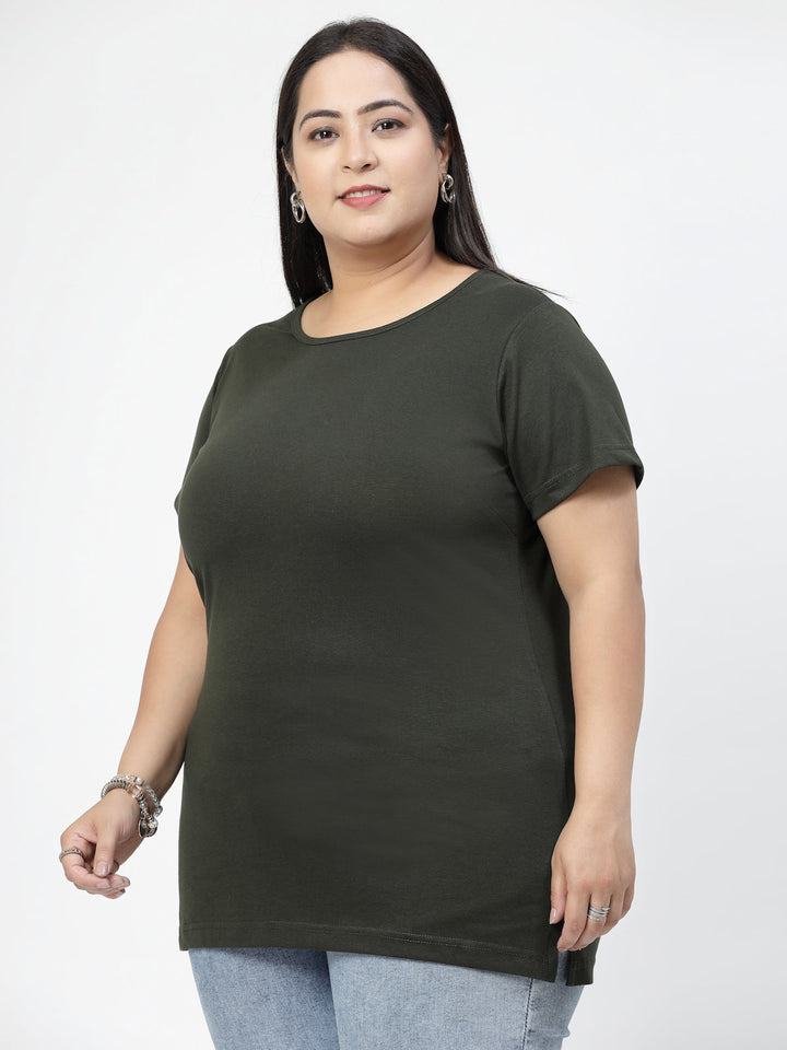 Plus Size Olive Round Neck Regular Fit Cotton Casual T-shirt