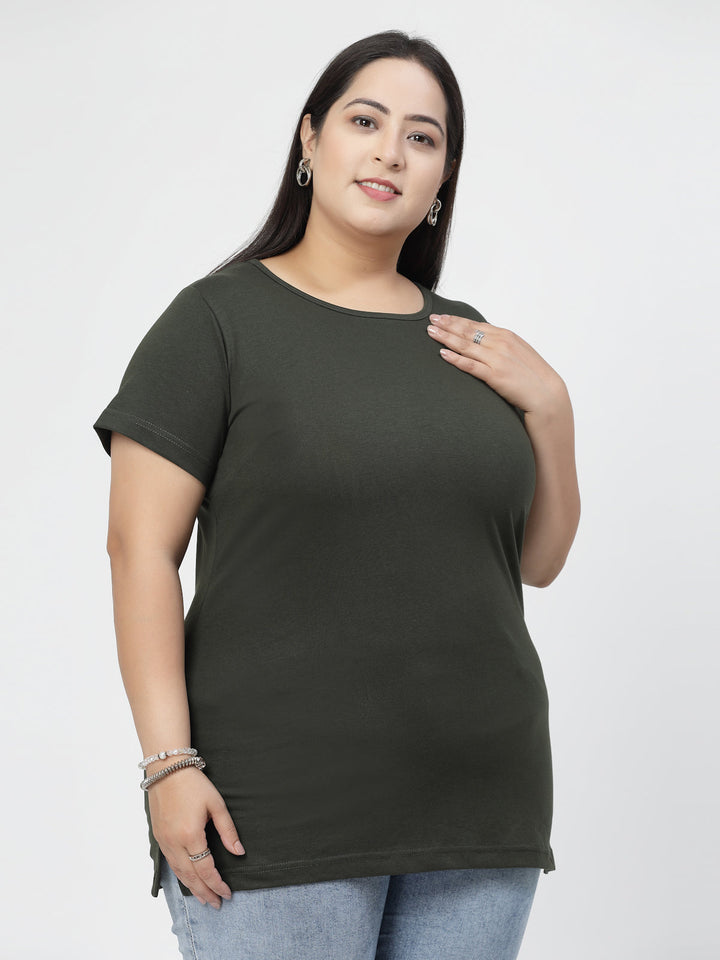 Plus Size Olive Round Neck Regular Fit Cotton Casual T-shirt