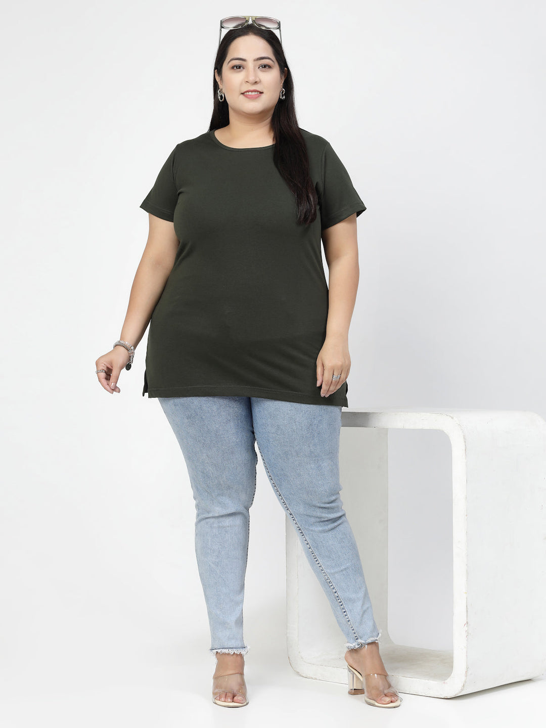 Plus Size Olive Round Neck Regular Fit Cotton Casual T-shirt