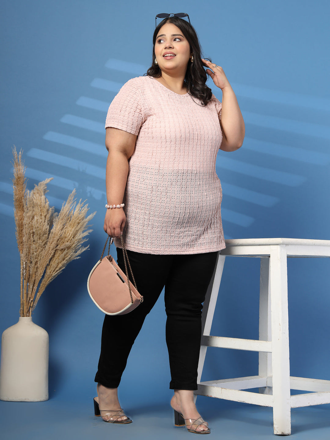 Plus Size Vertically Self-Striped Semi-Sheer Top