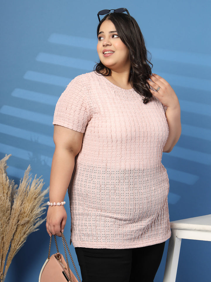 Plus Size Vertically Self-Striped Semi-Sheer Top