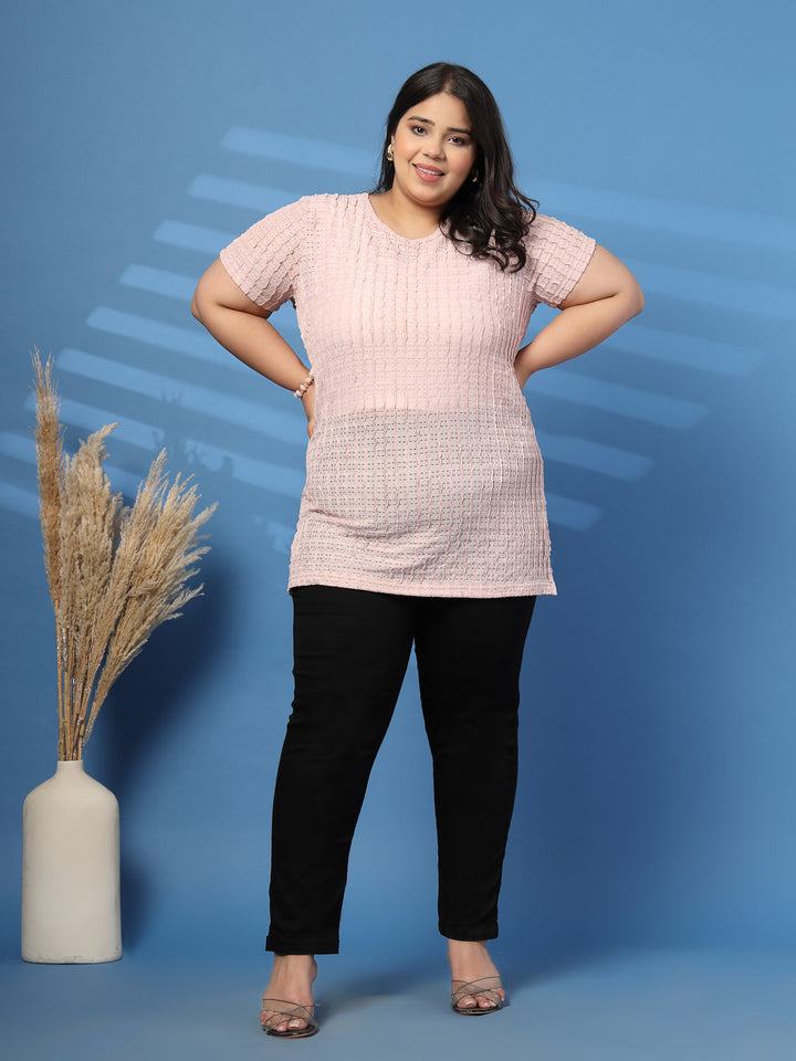Plus Size Vertically Self-Striped Semi-Sheer Top