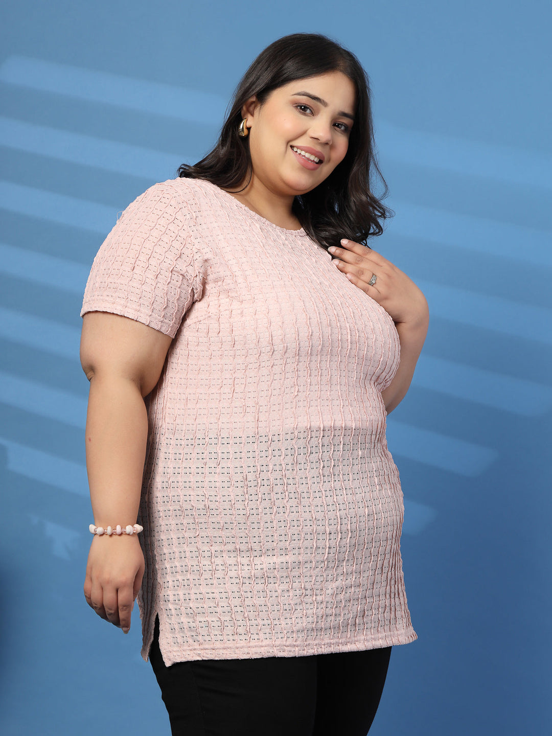 Plus Size Vertically Self-Striped Semi-Sheer Top