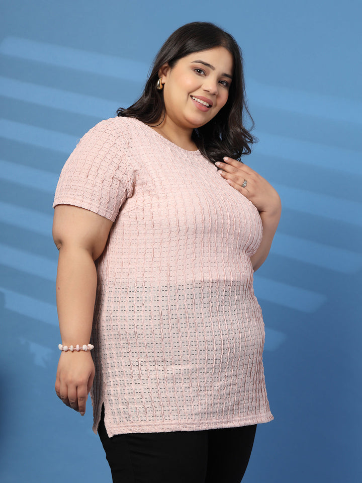 Plus Size Vertically Self-Striped Semi-Sheer Top