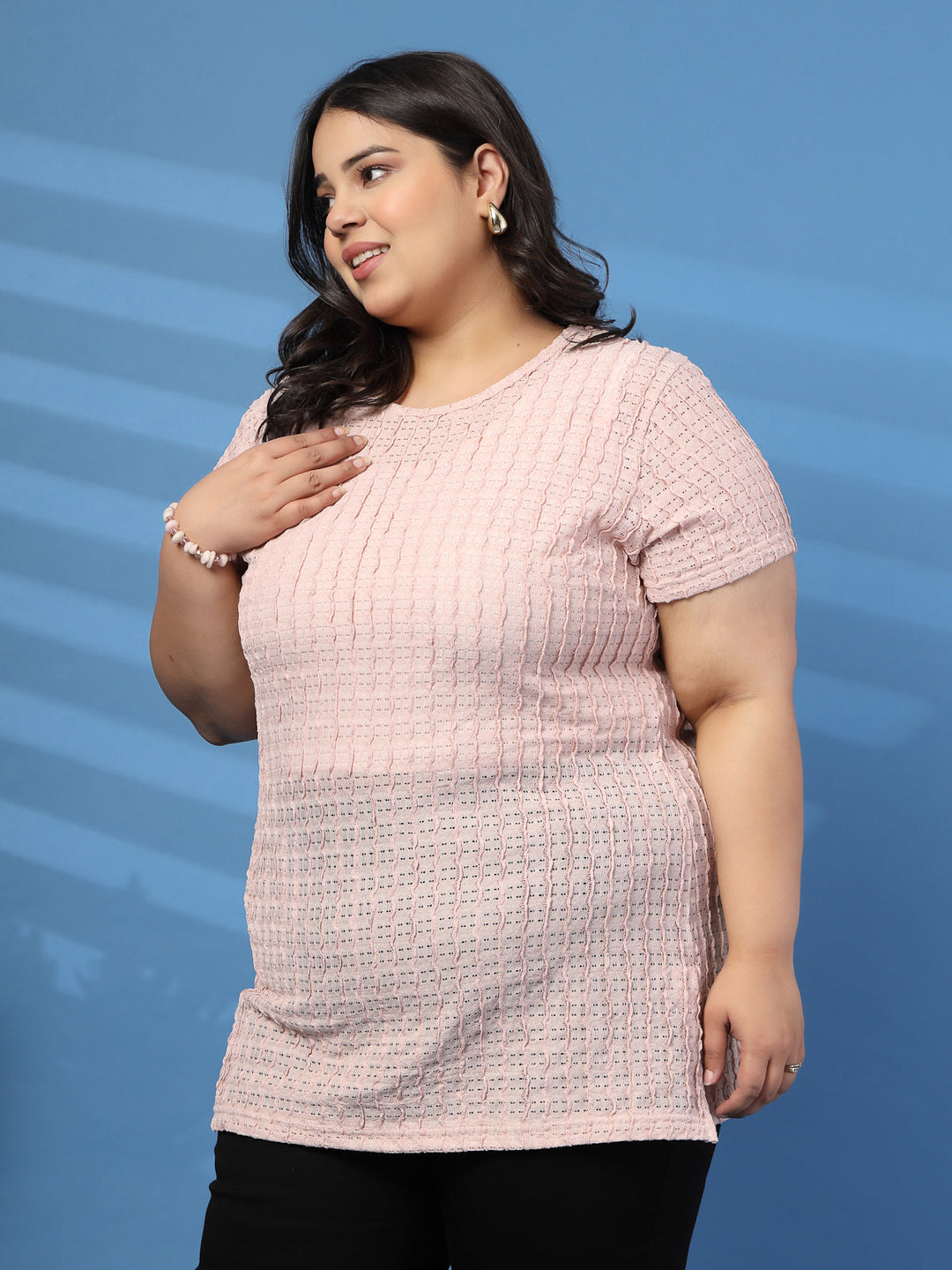 Plus Size Vertically Self-Striped Semi-Sheer Top