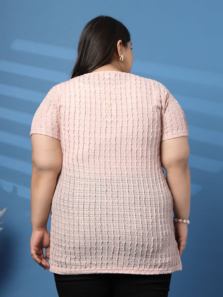 Plus Size Vertically Self-Striped Semi-Sheer Top