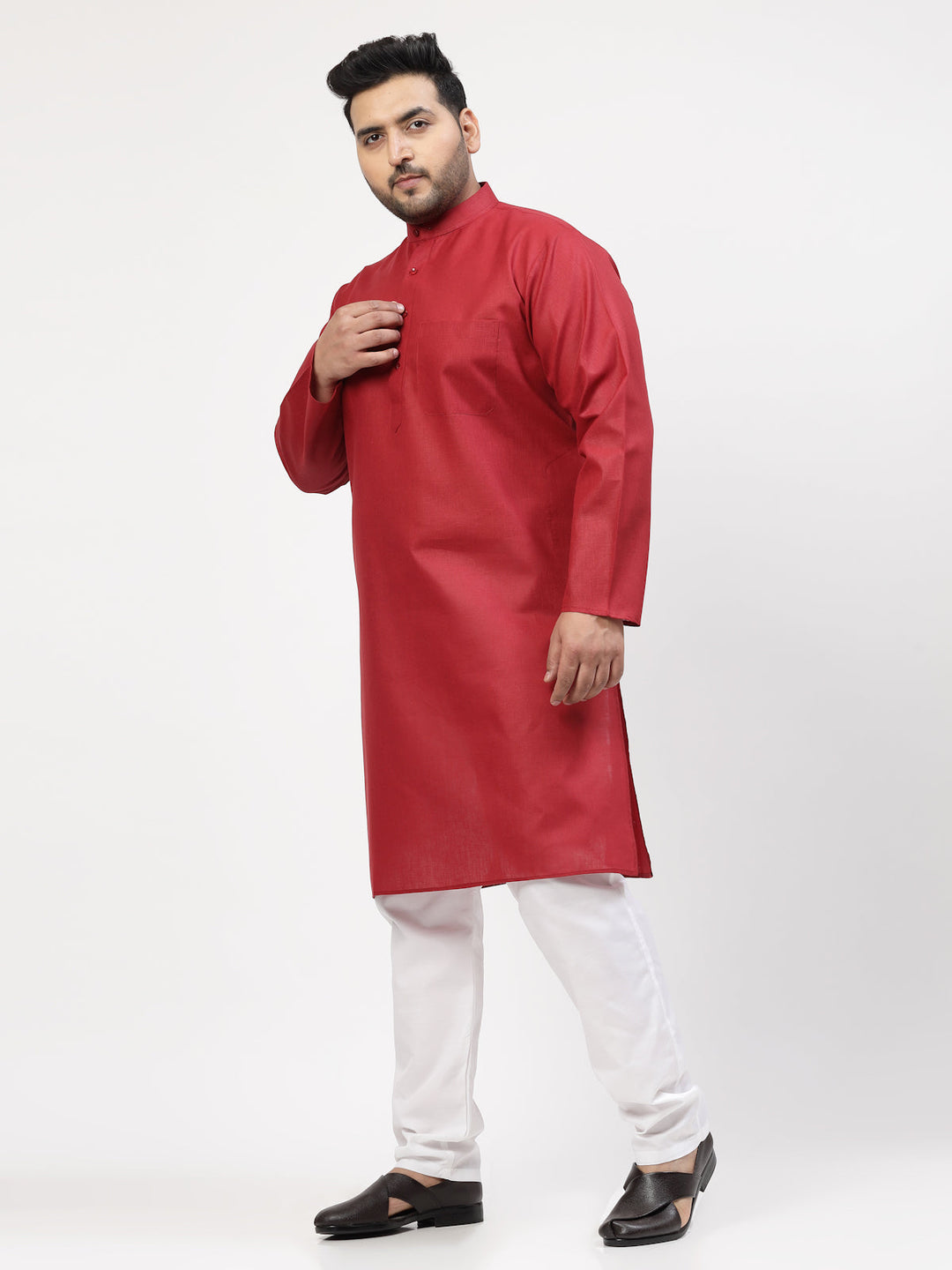 Plus Size Mandarin Collar Pure Cotton Straight Kurta With Pyjama
