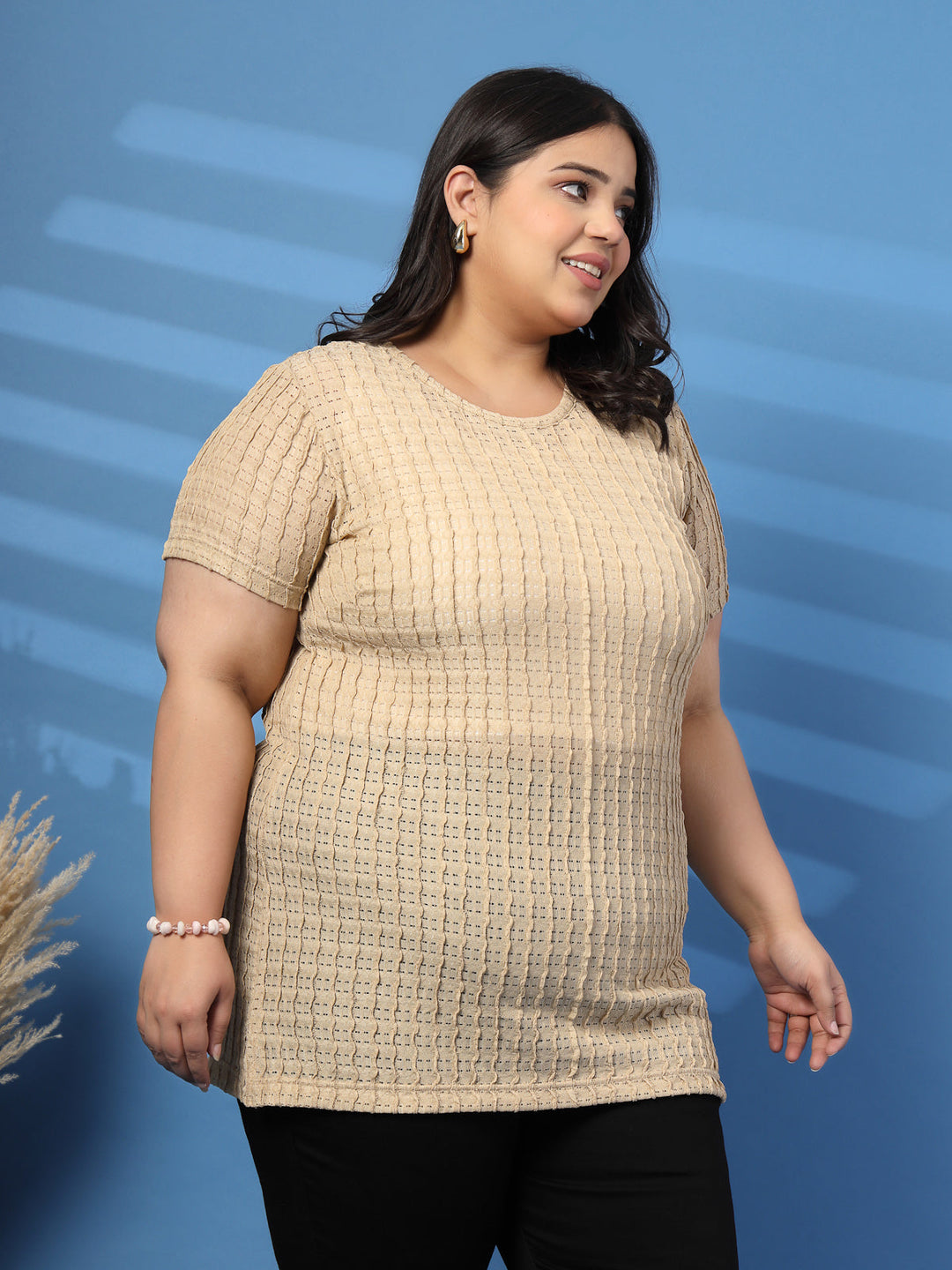 Plus Size Vertically Self-Striped Semi-Sheer Top