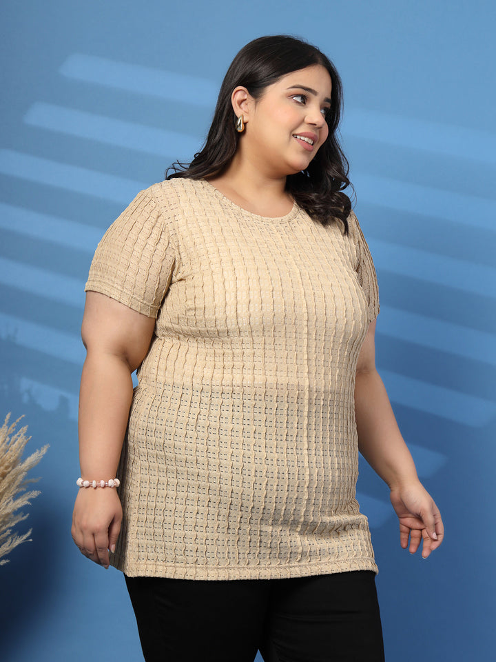 Plus Size Vertically Self-Striped Semi-Sheer Top