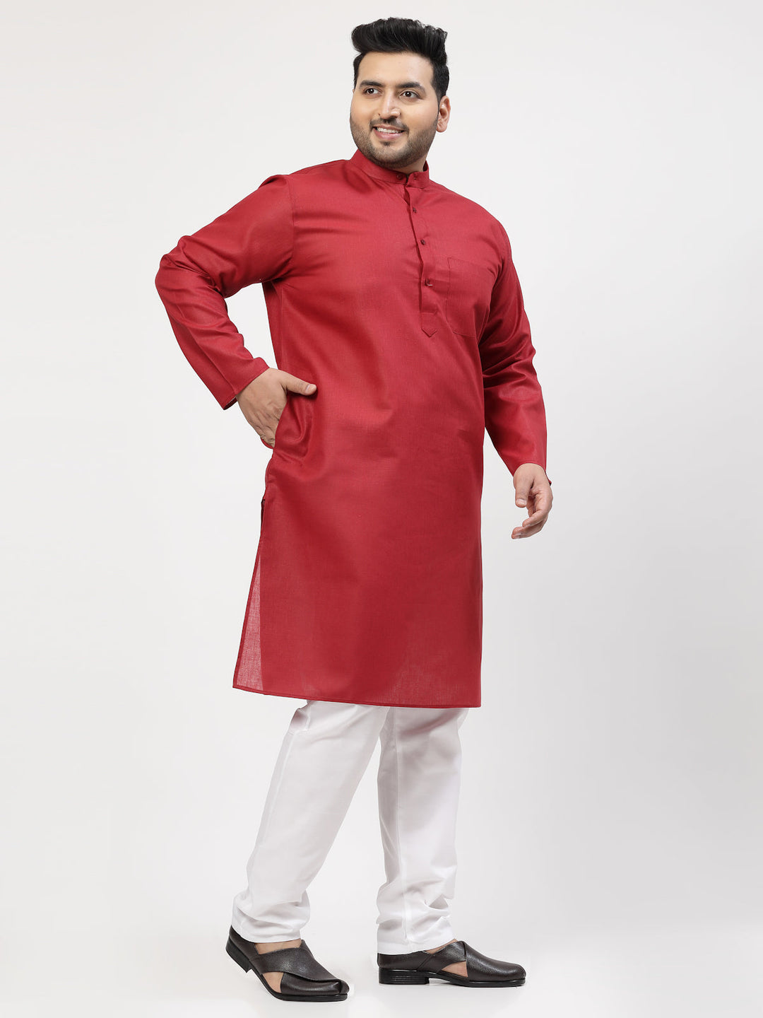 Plus Size Mandarin Collar Pure Cotton Straight Kurta With Pyjama