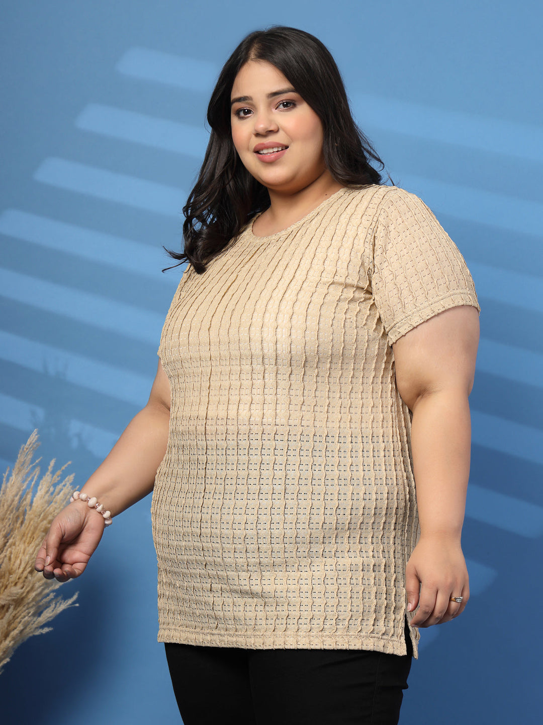 Plus Size Vertically Self-Striped Semi-Sheer Top