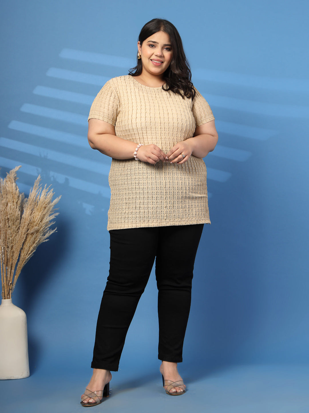 Plus Size Vertically Self-Striped Semi-Sheer Top