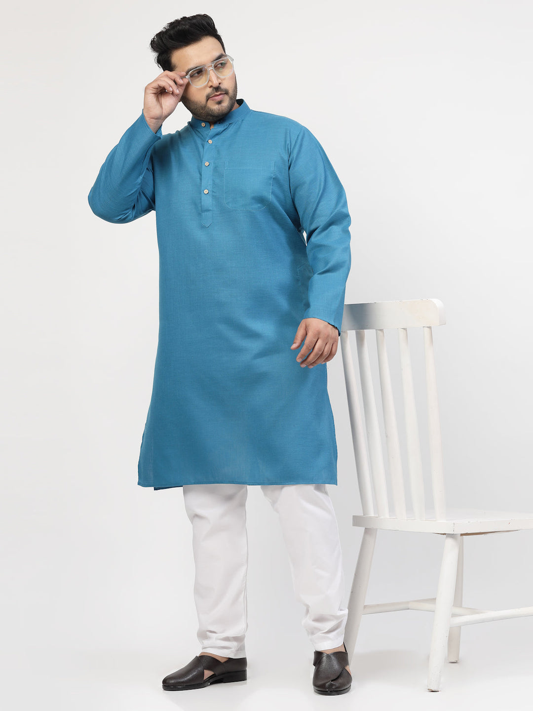 Plus Size Men Blue & White Solid Kurta with Pyjamas