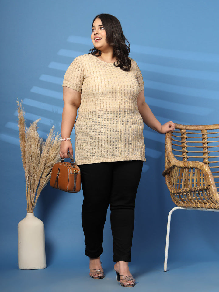 Plus Size Vertically Self-Striped Semi-Sheer Top