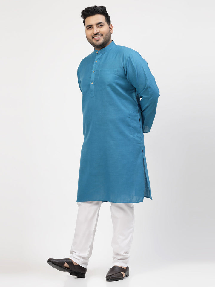 Plus Size Men Blue & White Solid Kurta with Pyjamas