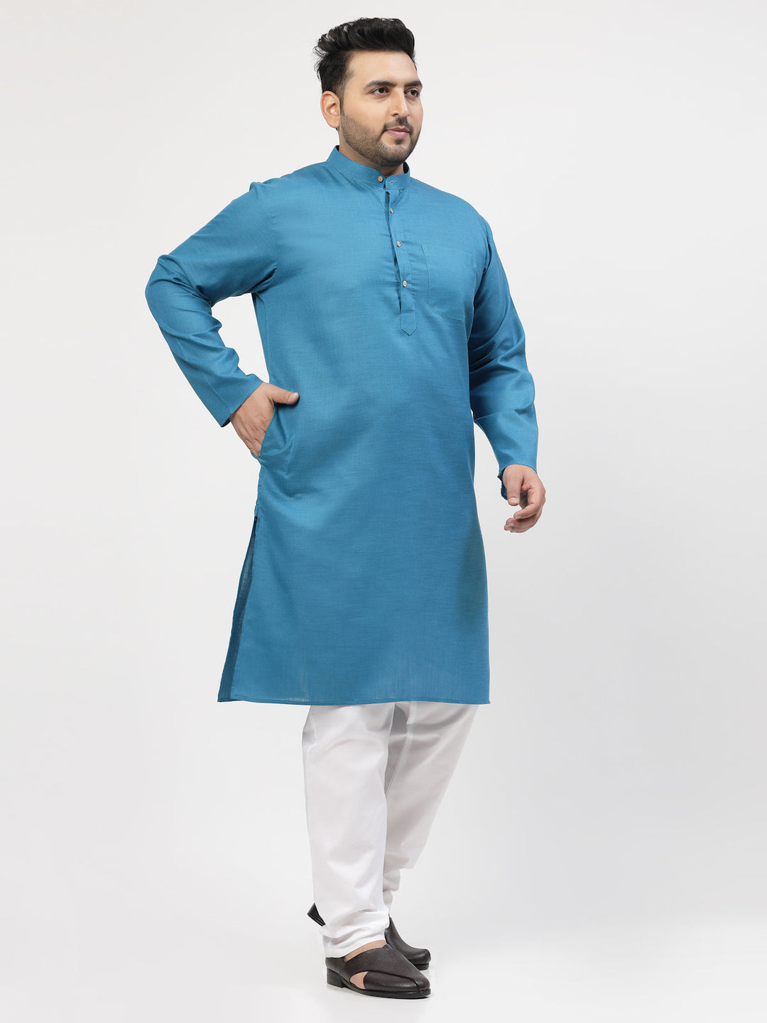 Plus Size Men Blue & White Solid Kurta with Pyjamas