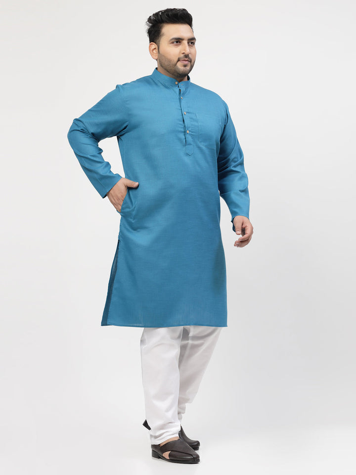 Plus Size Men Blue & White Solid Kurta with Pyjamas
