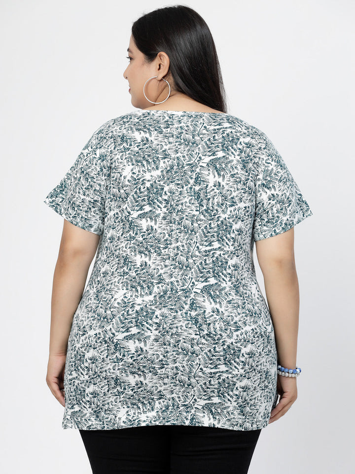 Plus Size Floral Printed Round Neck Cotton T-shirt