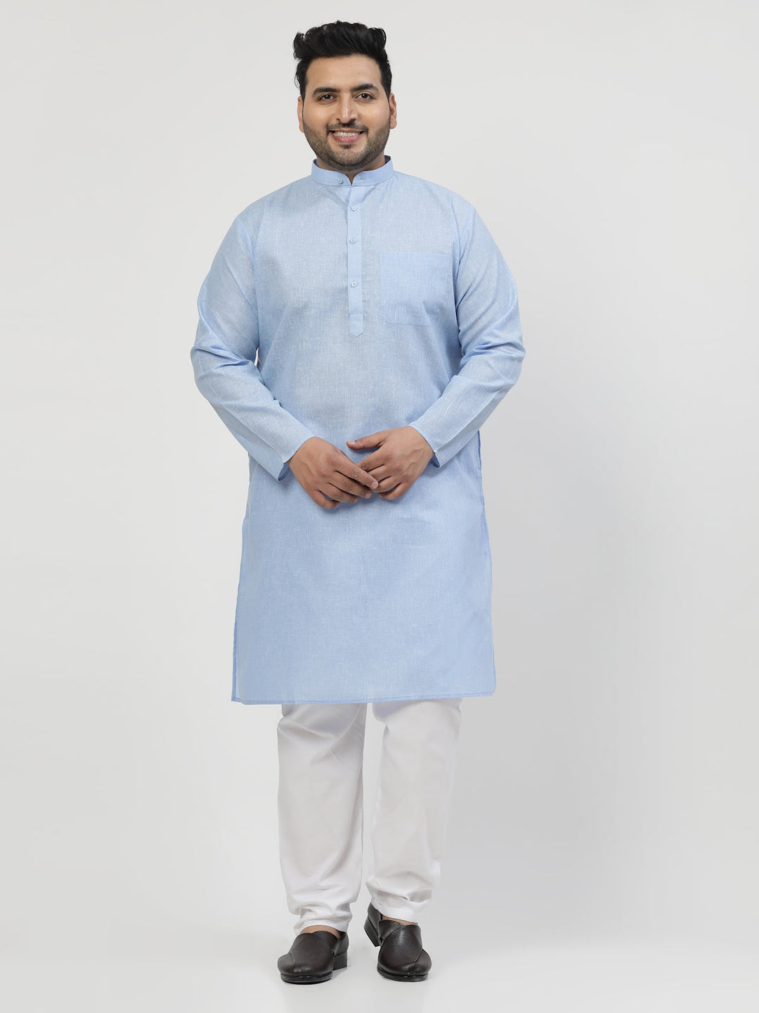 Plus Size  Blue & White Regular Pure Cotton Kurta with Pyjamas