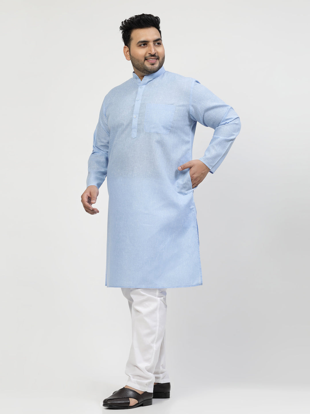 Plus Size  Blue & White Regular Pure Cotton Kurta with Pyjamas