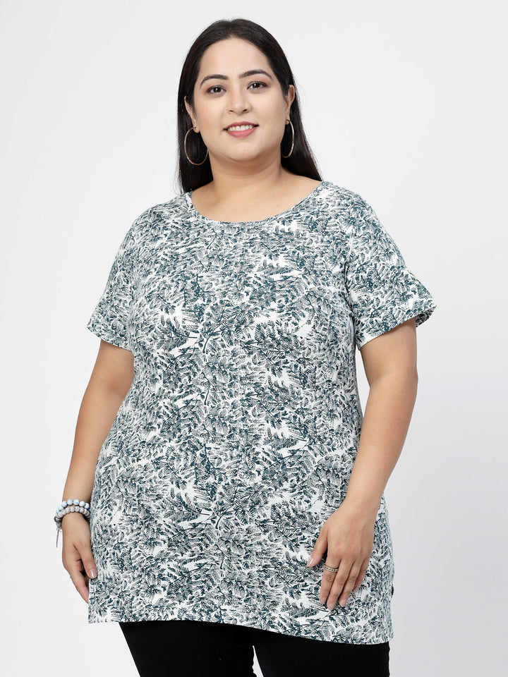 Plus Size Floral Printed Round Neck Cotton T-shirt