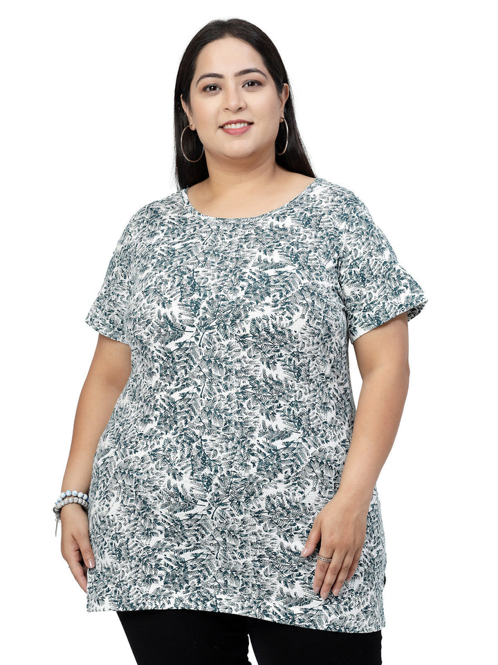 Plus Size Floral Printed Round Neck Cotton T-shirt