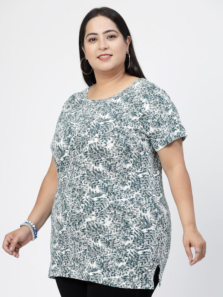 Plus Size Floral Printed Round Neck Cotton T-shirt