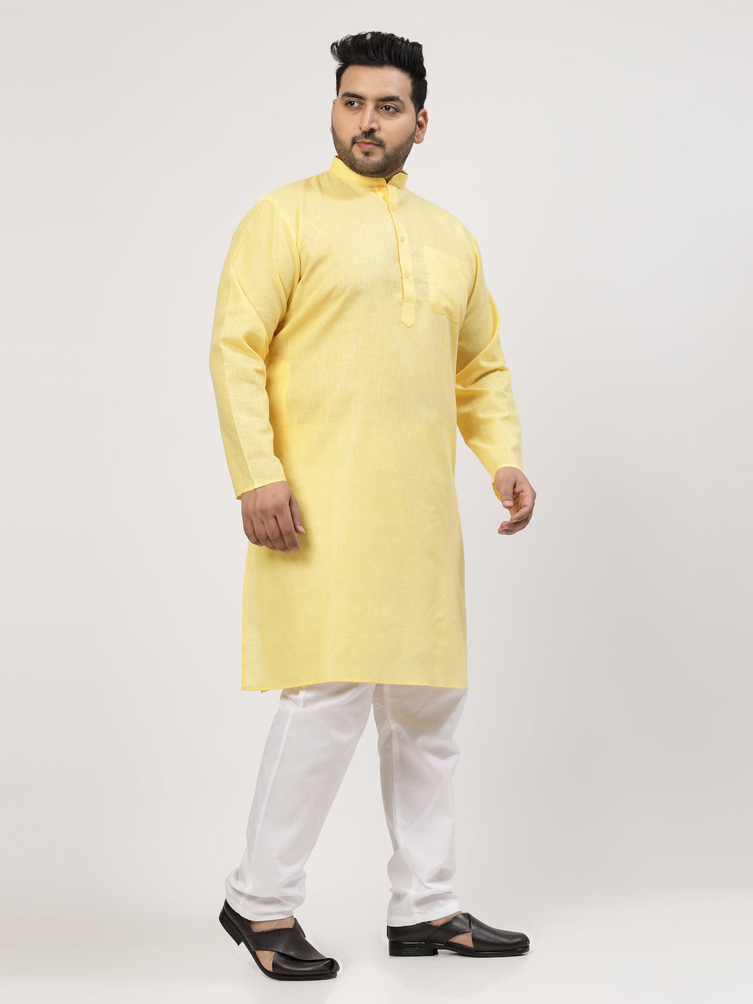 Plus Size  Yellow & White Regular Pure Cotton Kurta with Pyjamas
