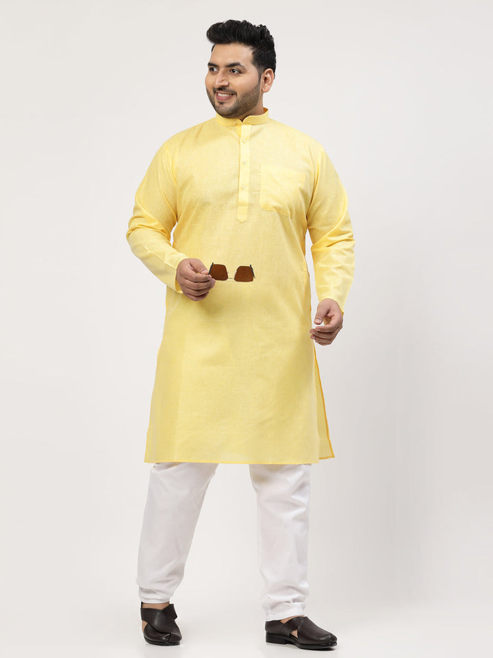 Plus Size  Yellow & White Regular Pure Cotton Kurta with Pyjamas