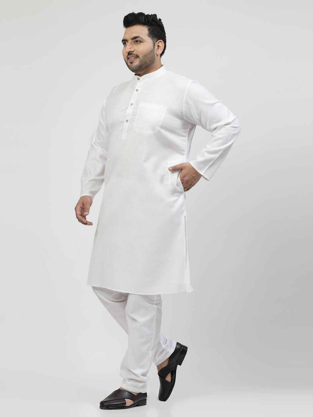 Plus Size Men White Solid Kurta with Pyjamas