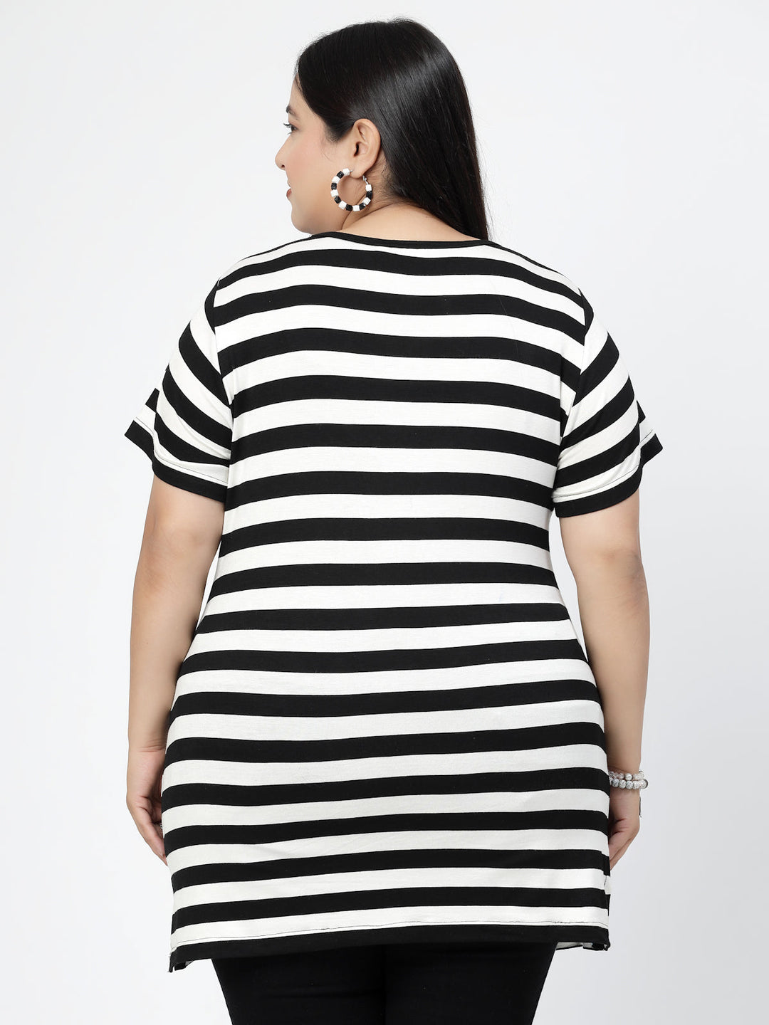 Plus Size White Horizontal Striped Round Neck Pure Cotton Casual T-shirt