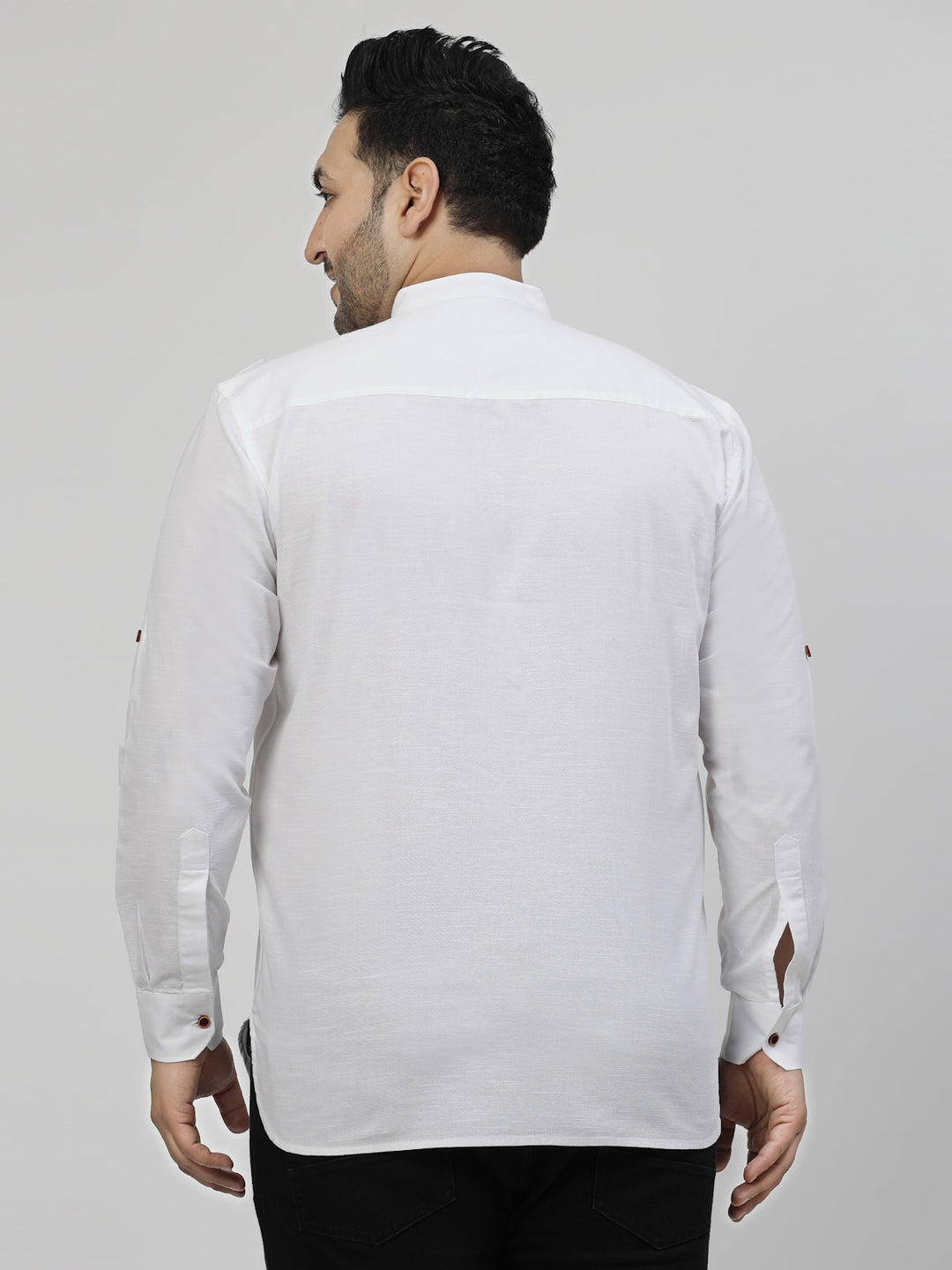 Plus Size Mandarin Collar Roll Up Sleeves Pure Cotton Casual Shirt