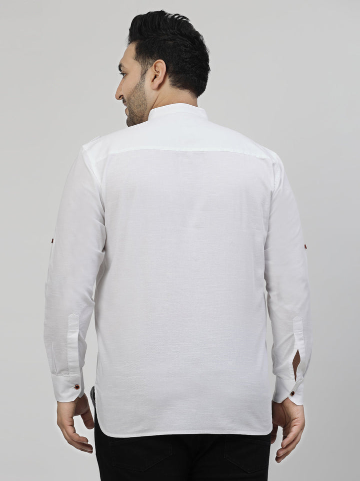 Plus Size Mandarin Collar Roll Up Sleeves Pure Cotton Casual Shirt